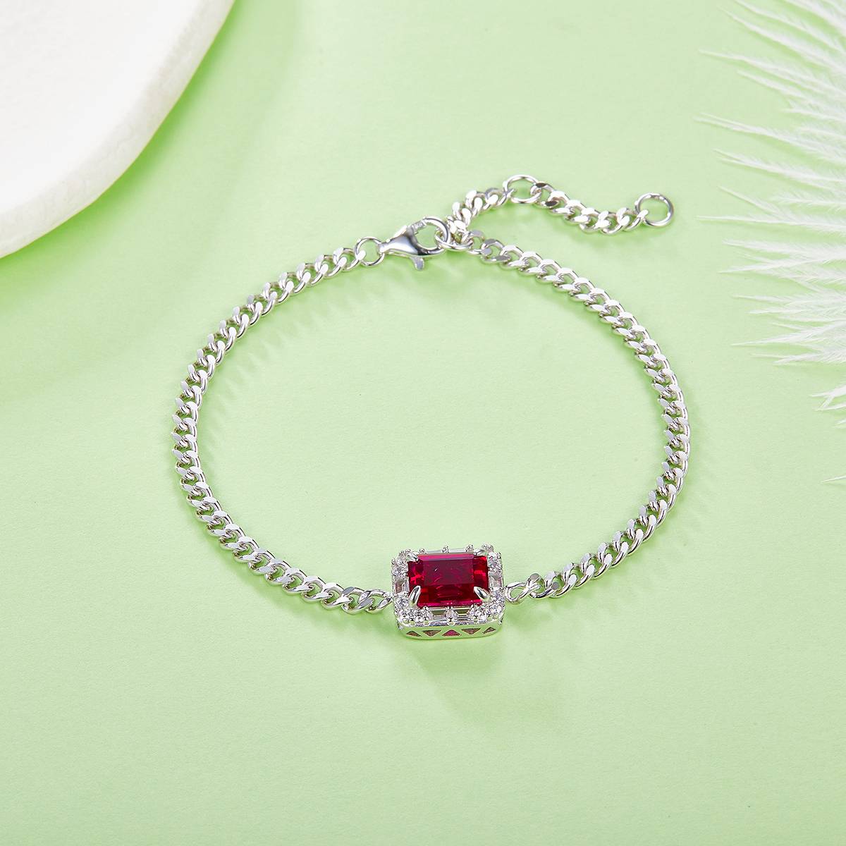 B5521款S925银镀18K白金祖母绿切割培育红宝BraceletBracelet