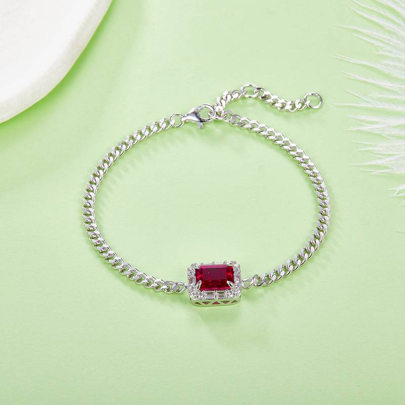 B5521款S925银镀18K白金祖母绿切割培育红宝BraceletBracelet