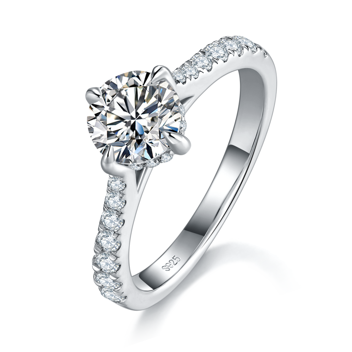 直臂微镶四爪女戒S925银镀白金定制选款主石莫桑钻1.0ct/副石高碳钻