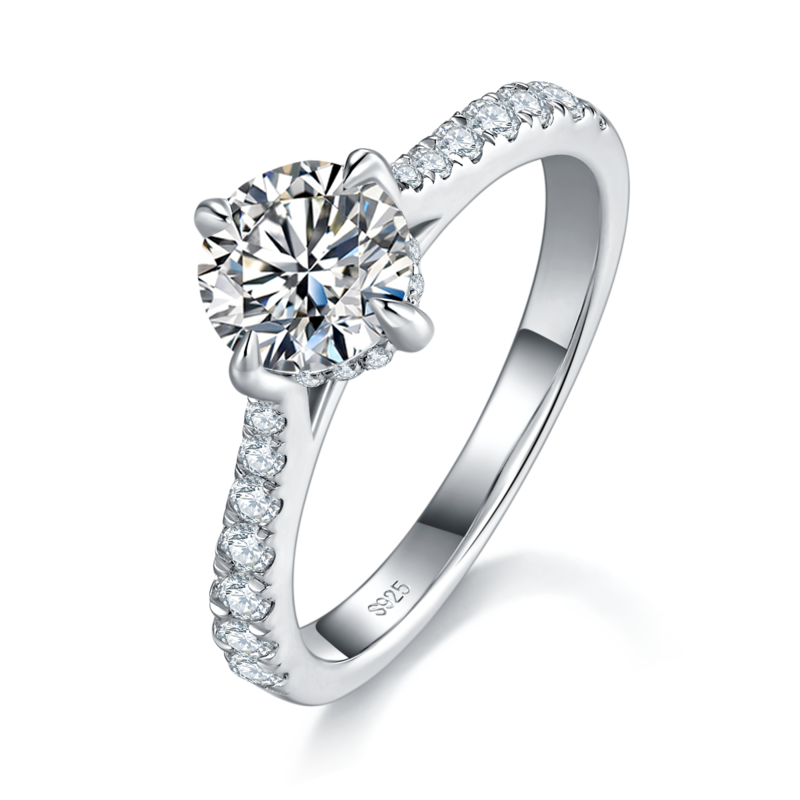 直臂微镶四爪女戒S925银镀白金定制选款主石莫桑钻1.0ct/副石高碳钻