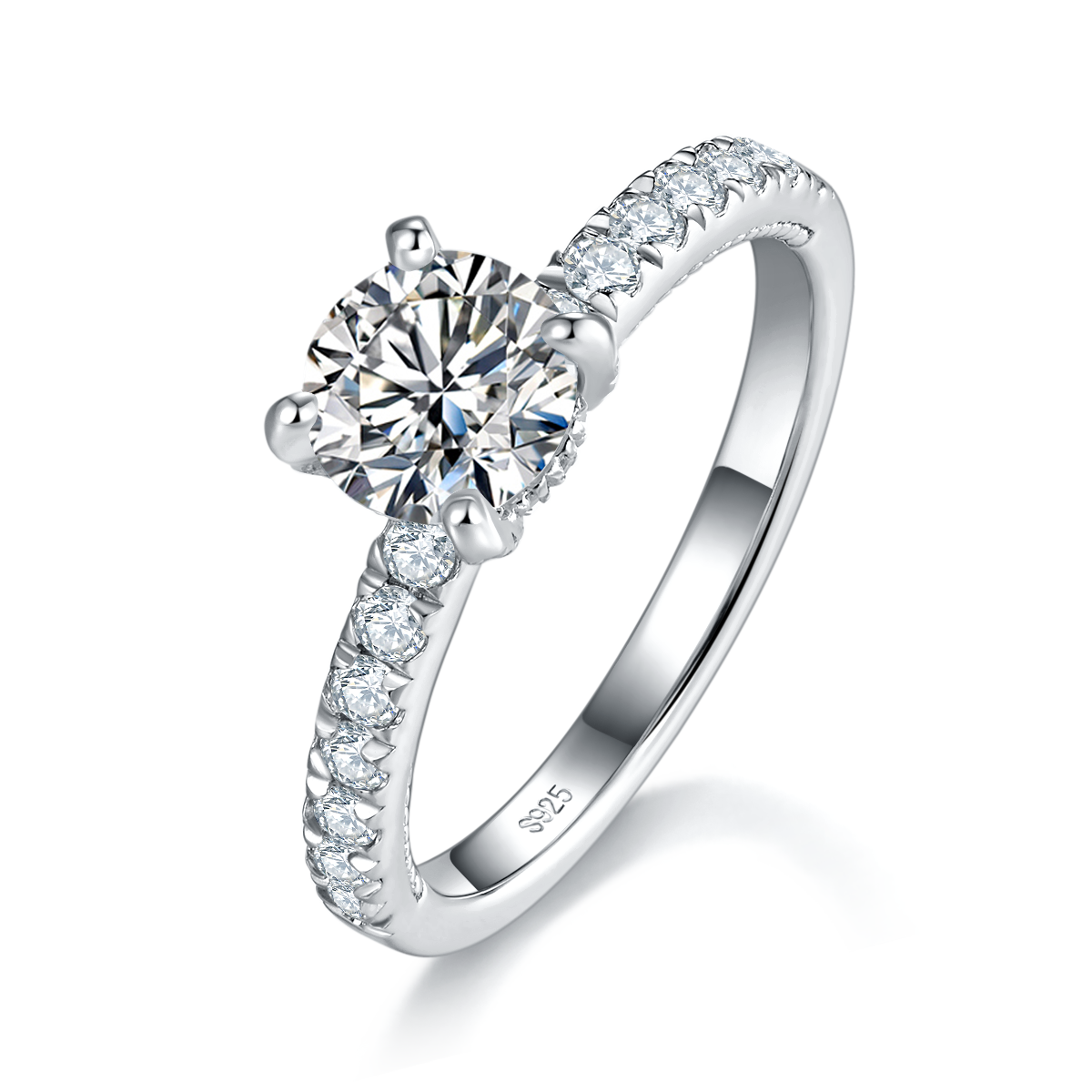 Straight arm micro inlaid four claw women's ring S925 silver plated white gold customized selection main stone Moissanite diamond 1.0ct/secondary stone high carbon diamond