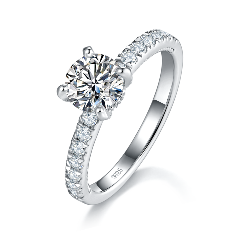 直臂微镶四爪Women's RingS925银镀白金定制选款主石Moissanite1.0ct/副石高碳钻