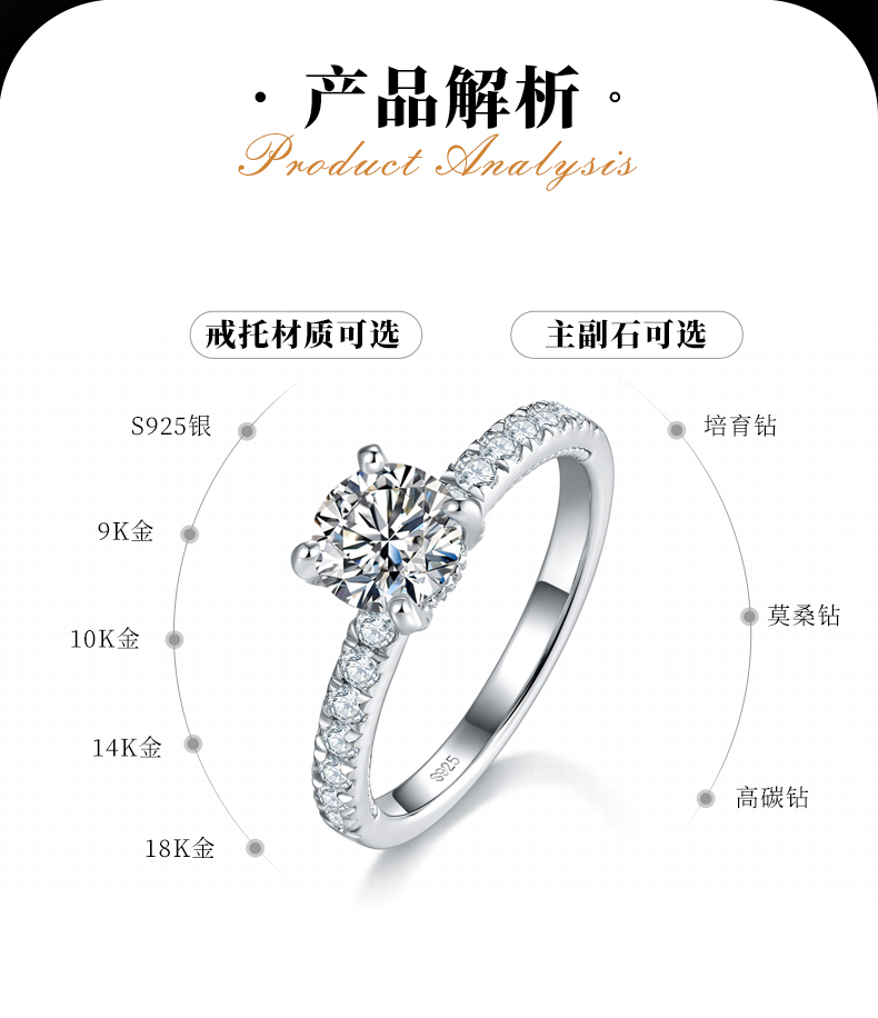 直臂微镶四爪女戒S925银镀白金定制选款主石莫桑钻1.0ct/副石高碳钻 - 2