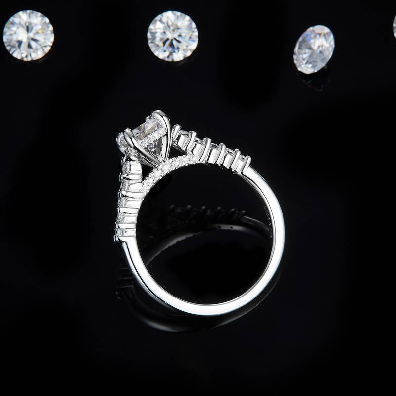 直臂微镶四爪Women's RingS925银镀白金定制选款主石Moissanite1.0ct/副石高碳钻