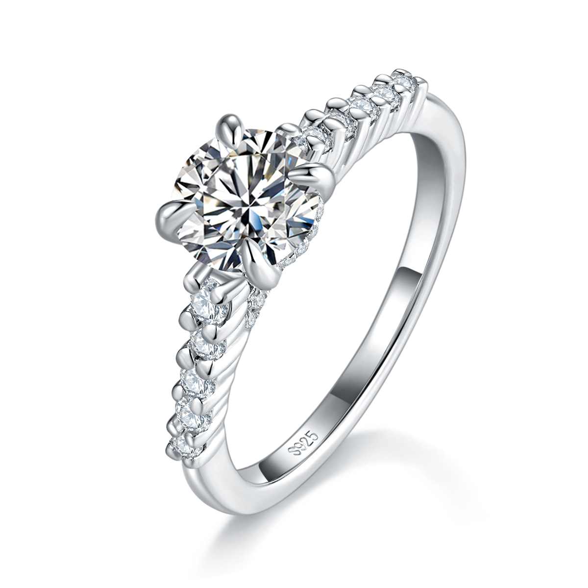 Straight arm micro inlaid four claw women's ring S925 silver plated white gold customized selection main stone Moissanite diamond 1.0ct/secondary stone high carbon diamond