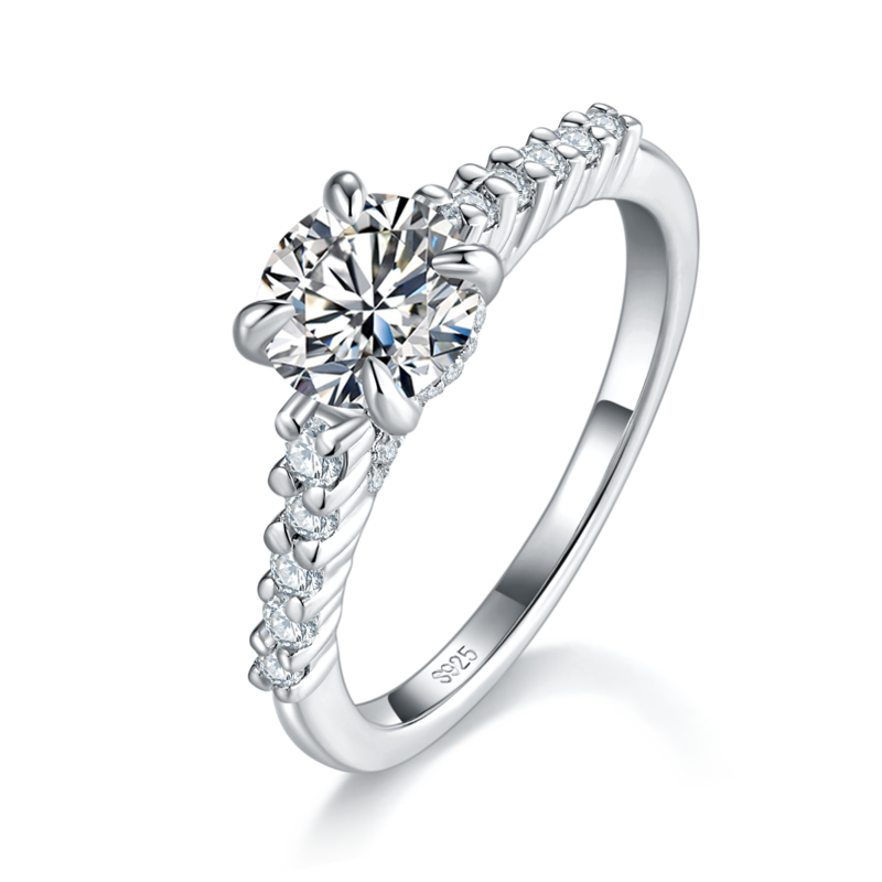 直臂微镶四爪Women's RingS925银镀白金定制选款主石Moissanite1.0ct/副石高碳钻