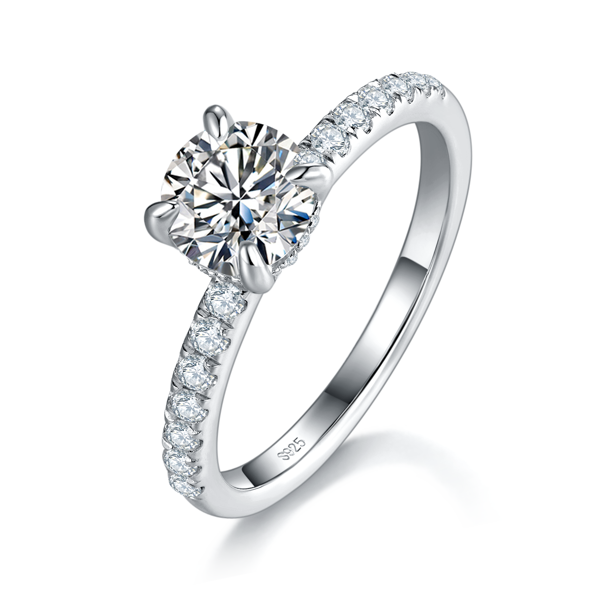 Straight arm micro inlaid four claw women's ring S925 silver plated white gold customized selection main stone Moissanite diamond 1.0ct/secondary stone high carbon diamond