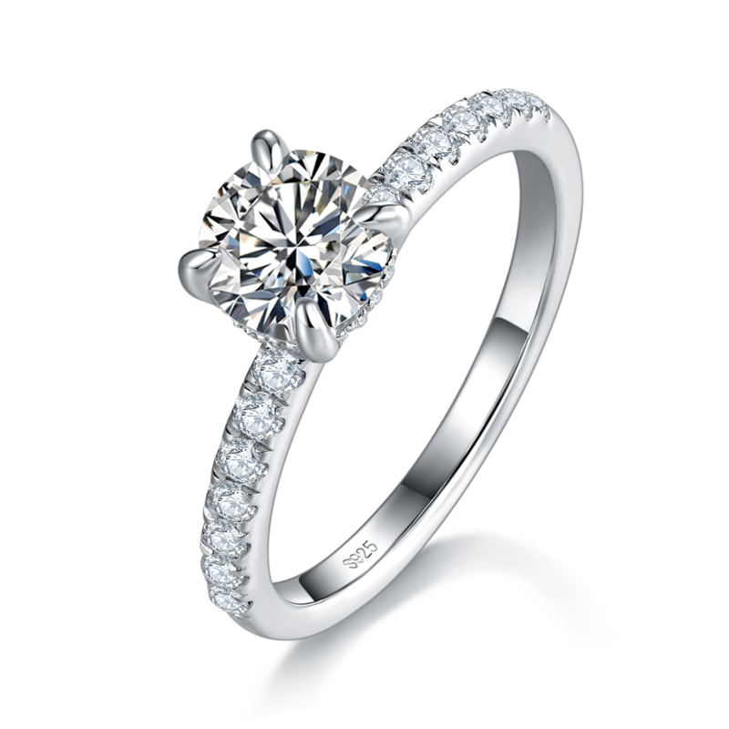 直臂微镶四爪女戒S925银镀白金定制选款主石莫桑钻1.0ct/副石高碳钻