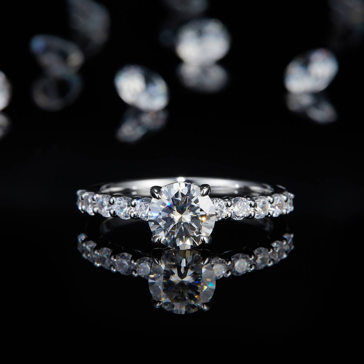 Light Luxury Four Claw Women's Ring S925 Silver Plated Platinum Customized Selection Main Stone Moissanite Diamond 1.0ct/Secondary Stone High Carbon Diamond