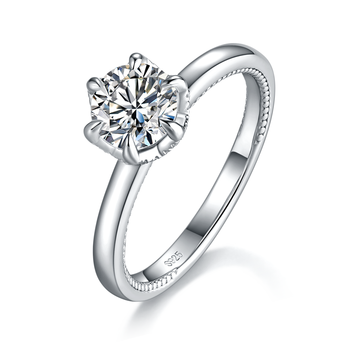 简约六爪女戒S925银镀白金定制选款主石莫桑钻1.0ct/副石高碳钻
