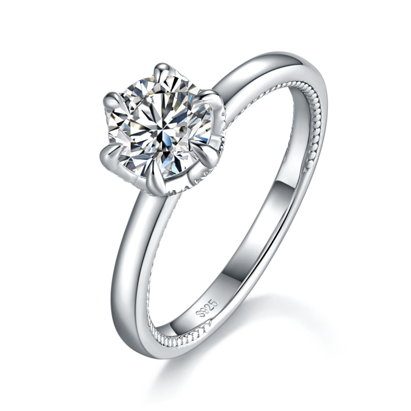 简约六爪Women's RingS925银镀白金定制选款主石Moissanite1.0ct/副石高碳钻