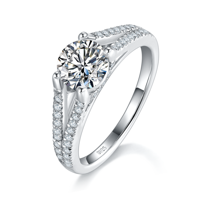 Affordable LuxuryY形满钻四爪Women's RingS925银镀白金定制选款主石Moissanite1.0ct/副石高碳钻