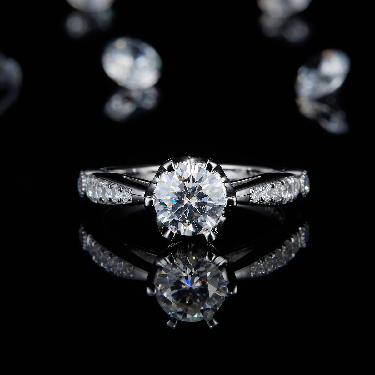 微镶六爪女戒S925银镀白金定制选款主石莫桑钻1.0ct/副石高碳钻