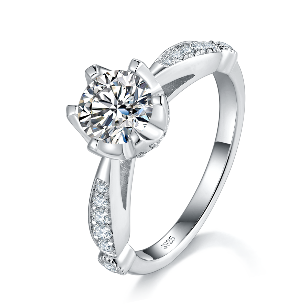 微镶六爪女戒S925银镀白金定制选款主石莫桑钻1.0ct/副石高碳钻