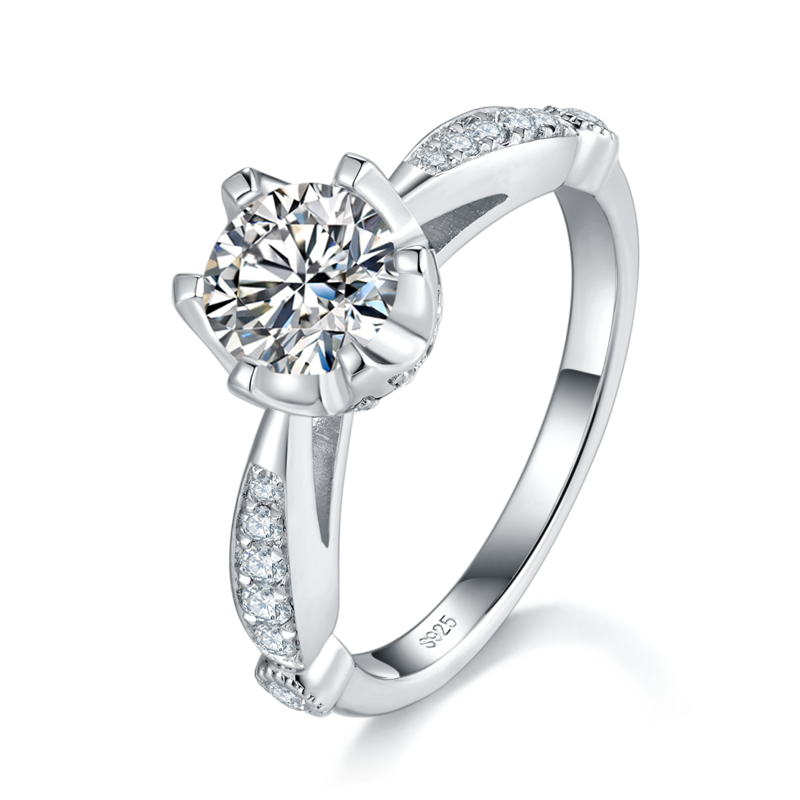 微镶六爪女戒S925银镀白金定制选款主石莫桑钻1.0ct/副石高碳钻