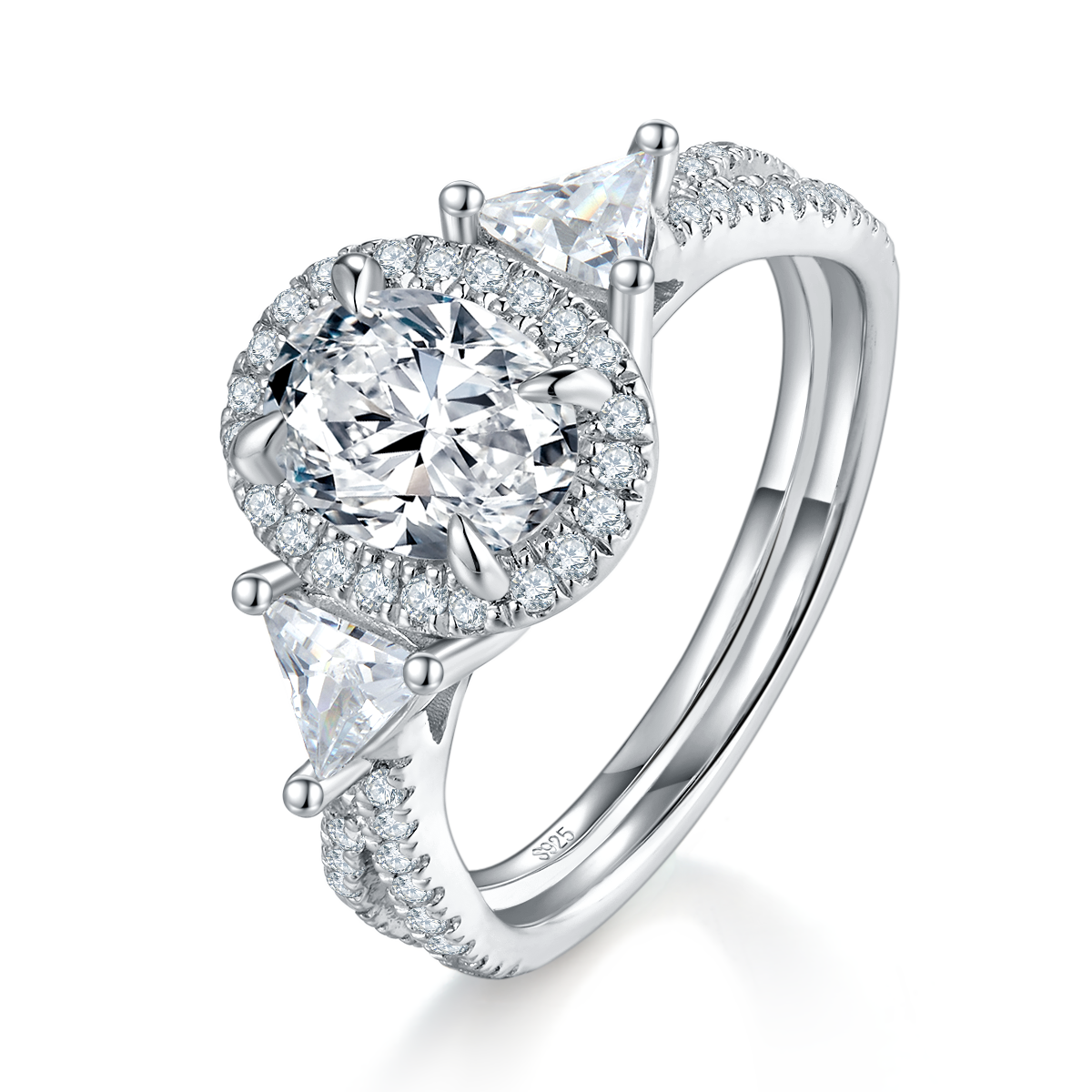 Round bag Oval three stone women's ring S925 silver plated platinum custom selection main stone Moissanite 1.5ct/Side Stone Cubic Zirconia