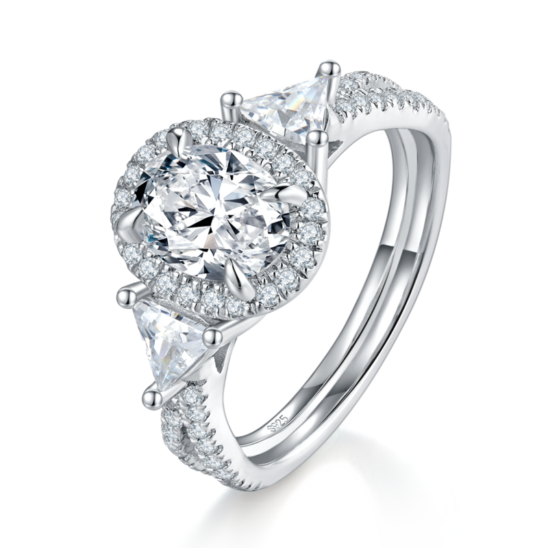 圆包蛋形三石款Women's RingS925银镀白金定制选款主石Moissanite1.5ct/副石高碳钻