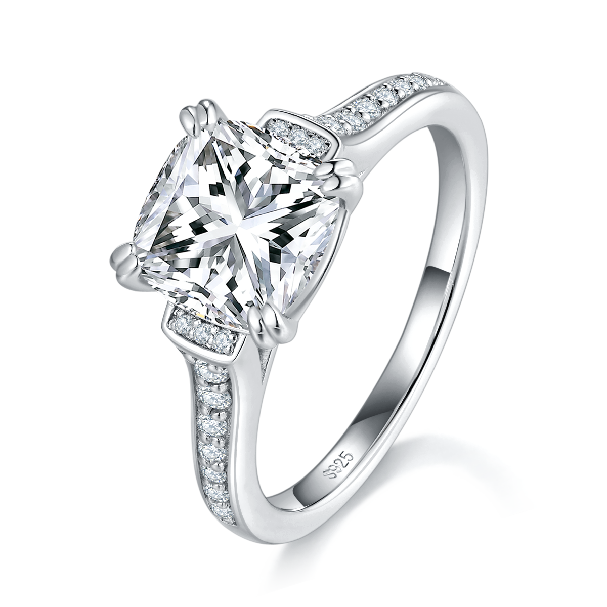 微镶枕形女戒S925银镀白金定制选款主石莫桑钻2.5ct/副石高碳钻