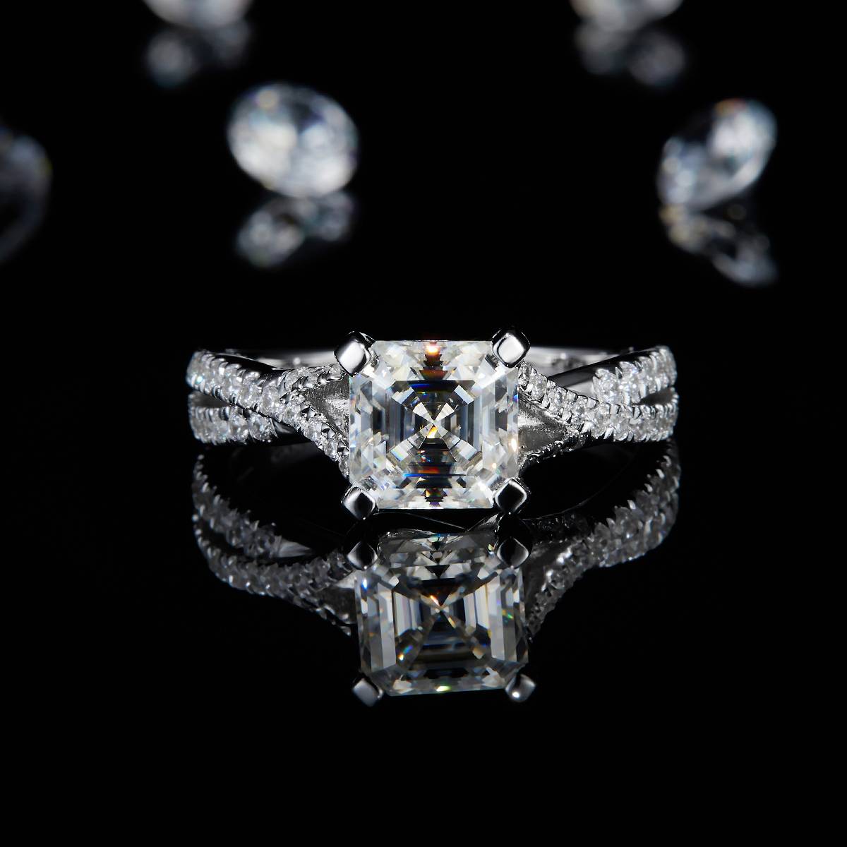 Twisted Arm Micro Inlaid Asscher Women's Ring S925 Silver Plated Platinum Customized Selection Main Stone Moissanite 2.0ct/Side Stone Cubic Zirconia