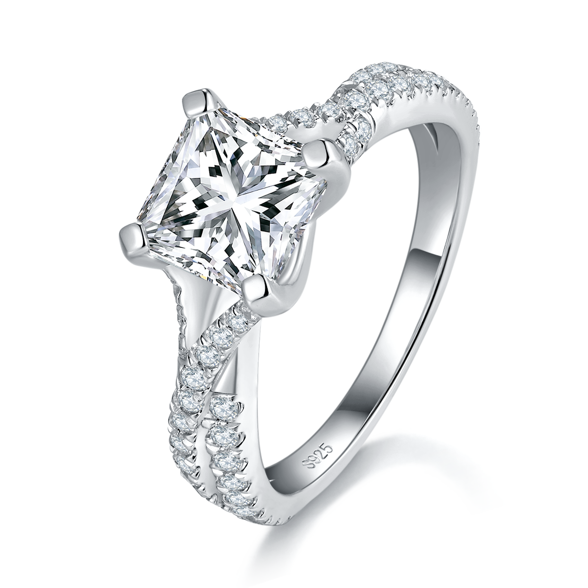 Twisted Arm Micro Inlaid Asscher Women's Ring S925 Silver Plated Platinum Customized Selection Main Stone Moissanite 2.0ct/Side Stone Cubic Zirconia