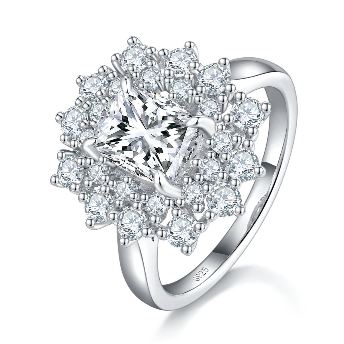 Luxury Cushion Sunflower Women's Ring S925 Silver Plated Platinum Customized Selection Main Stone Moissanite 2.0ct/Side Stone Cubic Zirconia