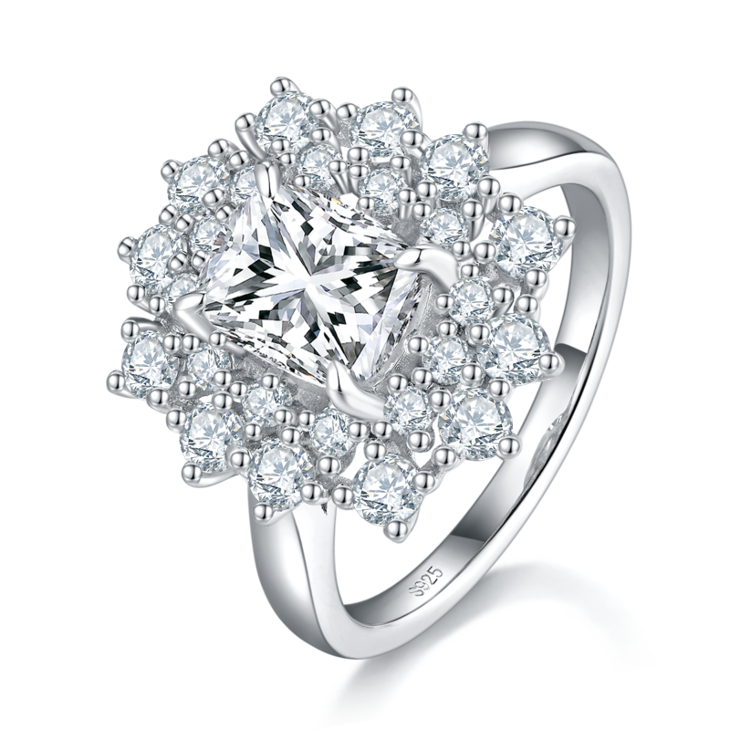 轻奢枕形太阳花女戒S925银镀白金定制选款主石莫桑钻2.0ct/副石高碳钻