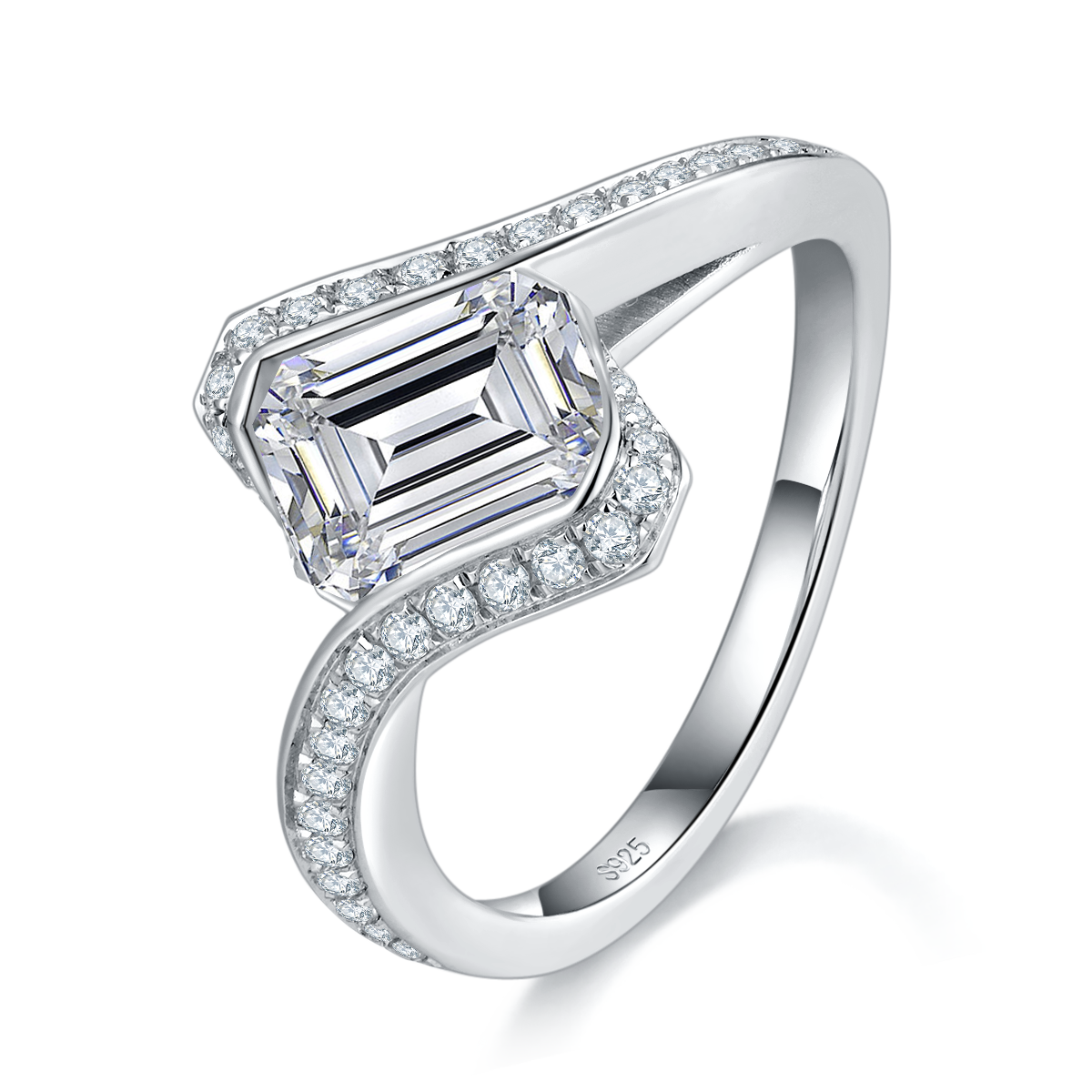 Twisted arm micro inlaid Emerald cut women's ring S925 silver plated platinum custom selection main stone Moissanite 2.0ct/Side Stone Cubic Zirconia