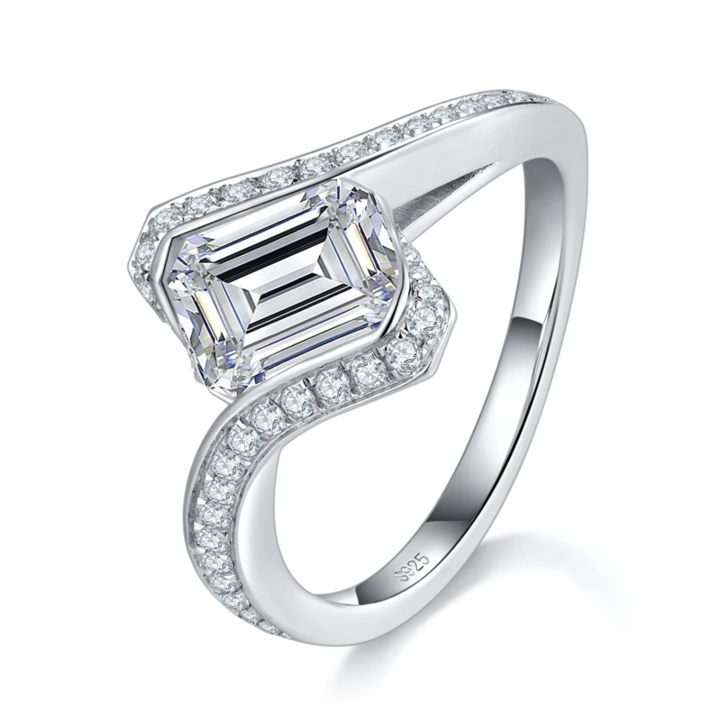 扭臂微镶祖母绿切割Women's RingS925银镀白金定制选款主石Moissanite2.0ct/副石高碳钻