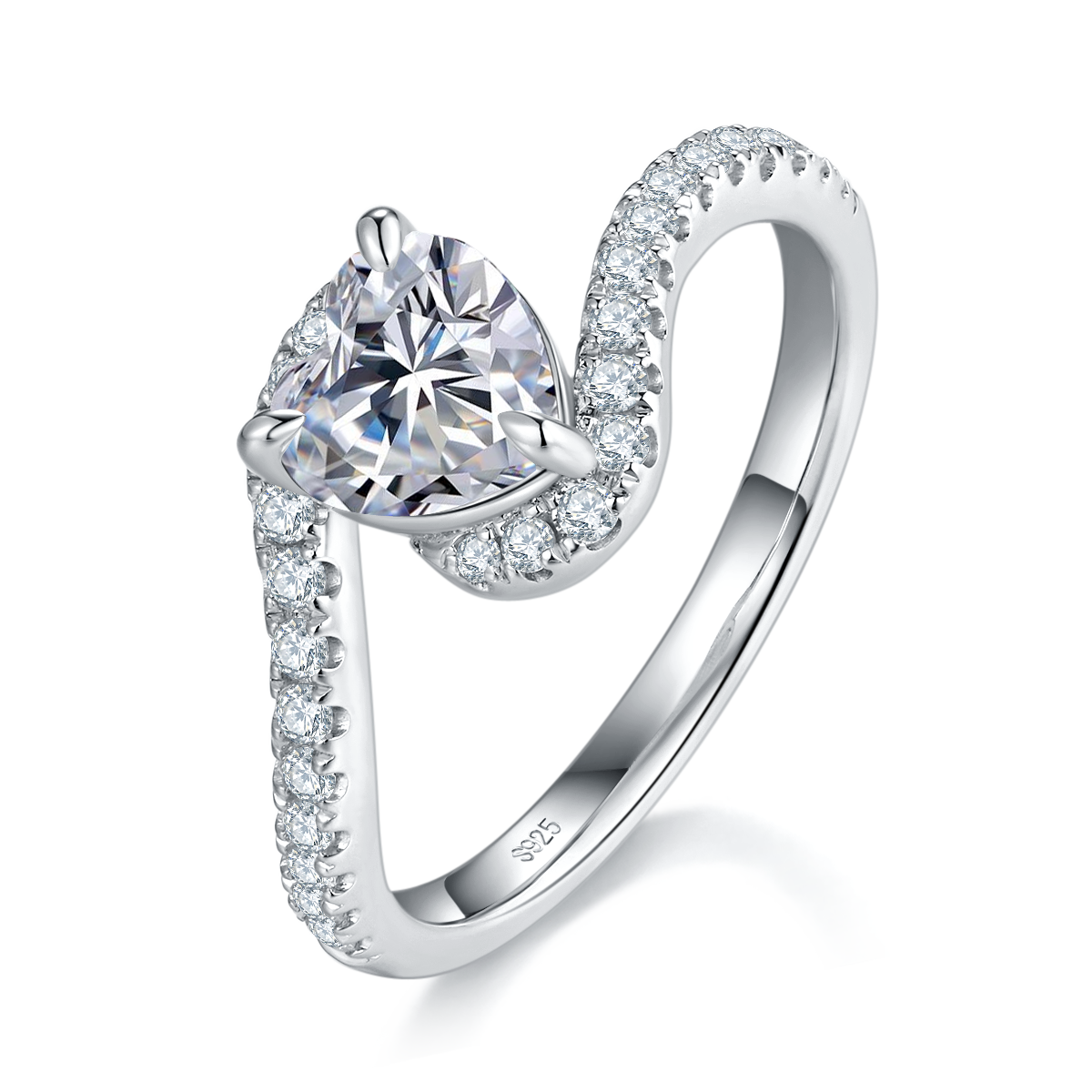 扭臂微镶心形钻女戒S925银镀白金定制选款主石莫桑钻1.0ct/副石高碳钻