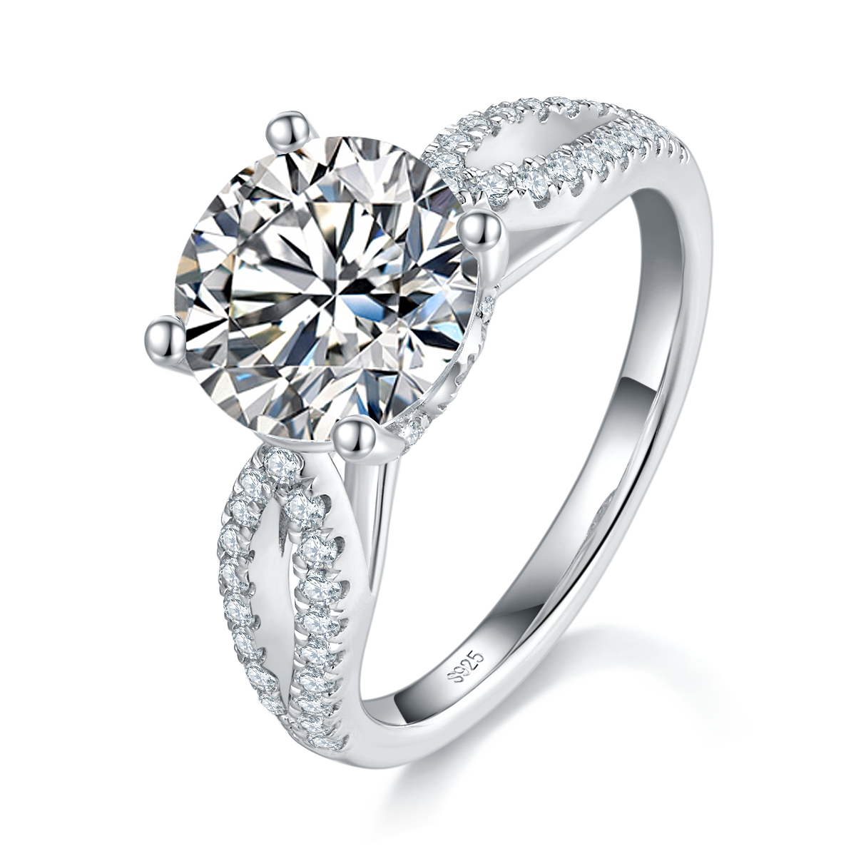 轻奢四爪女戒S925银镀白金定制选款主石莫桑钻3.0ct/副石高碳钻