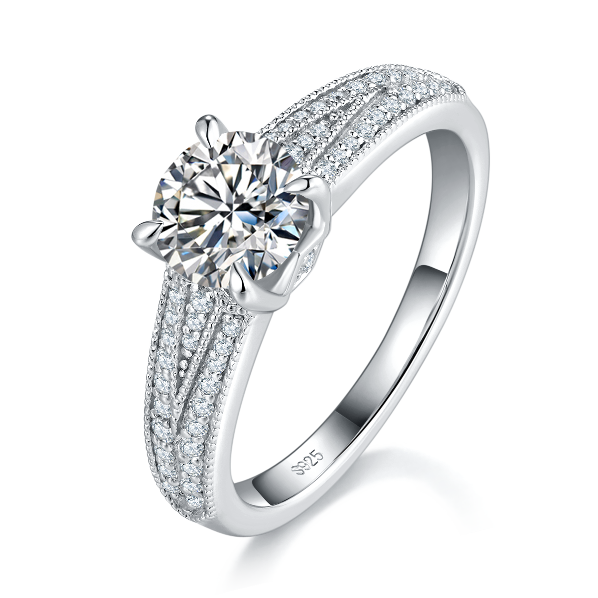 轻奢满钻四爪女戒S925银镀白金定制选款主石莫桑钻1.0ct/副石高碳钻