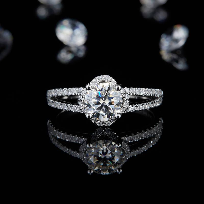 Y形戒臂四爪Women's RingS925银镀白金定制选款主石Moissanite1.0ct/副石高碳钻