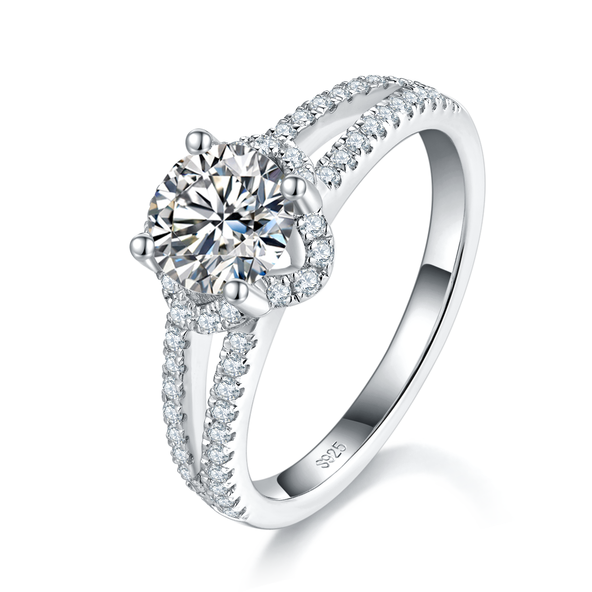 Y形戒臂四爪女戒S925银镀白金定制选款主石莫桑钻1.0ct/副石高碳钻