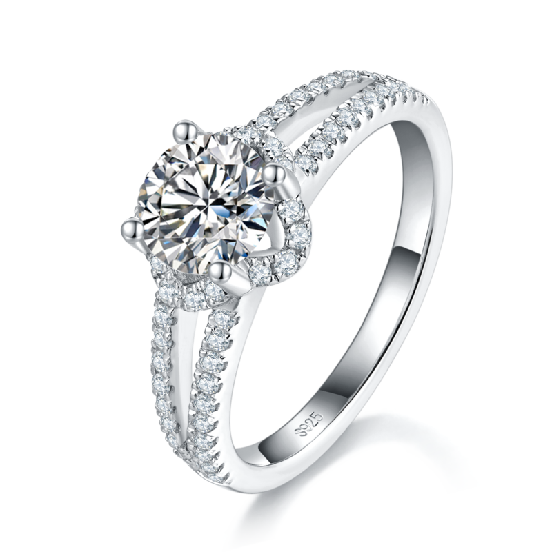 Y形戒臂四爪Women's RingS925银镀白金定制选款主石Moissanite1.0ct/副石高碳钻