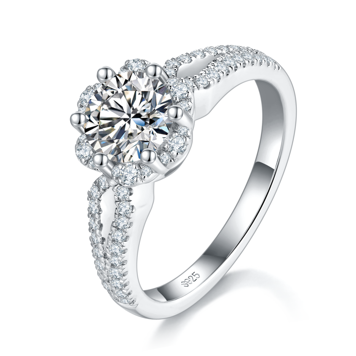 Light Luxury Full Diamond Women's Ring S925 Silver Plated Platinum Customized Selection Main Stone Moissanite 1.0ct/Side Stone Cubic Zirconia