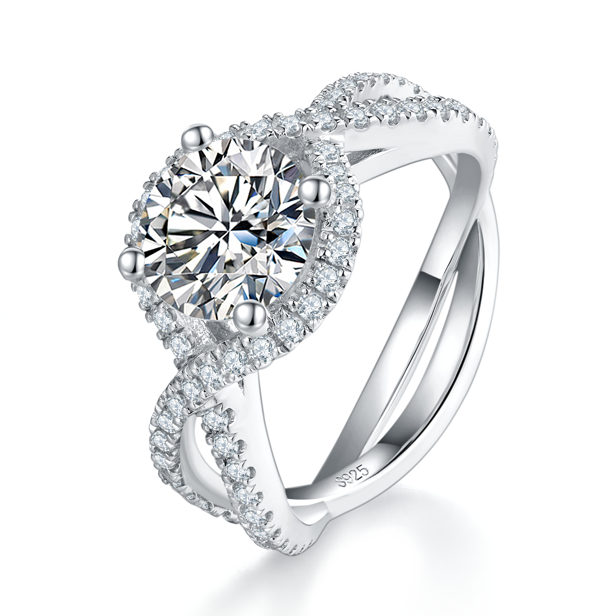 Twisted arm round bag women's ring S925 silver plated platinum custom selection main stone Moissanite 2.0ct/Side Stone Cubic Zirconia