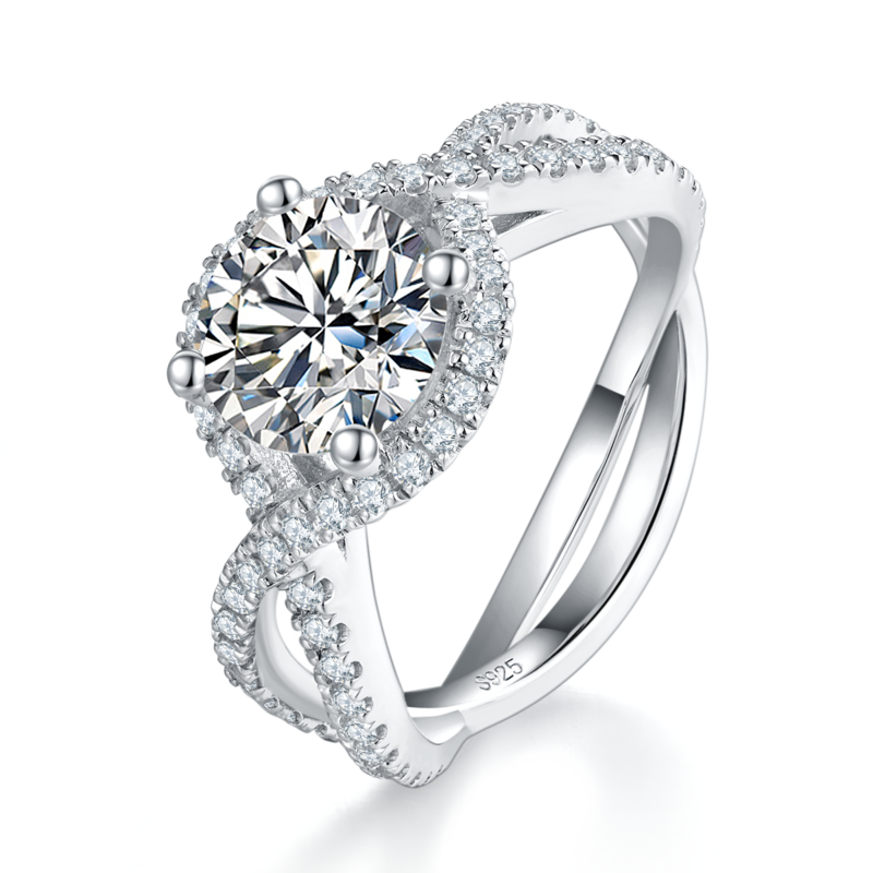 扭臂圆包女戒S925银镀白金定制选款主石莫桑钻2.0ct/副石高碳钻