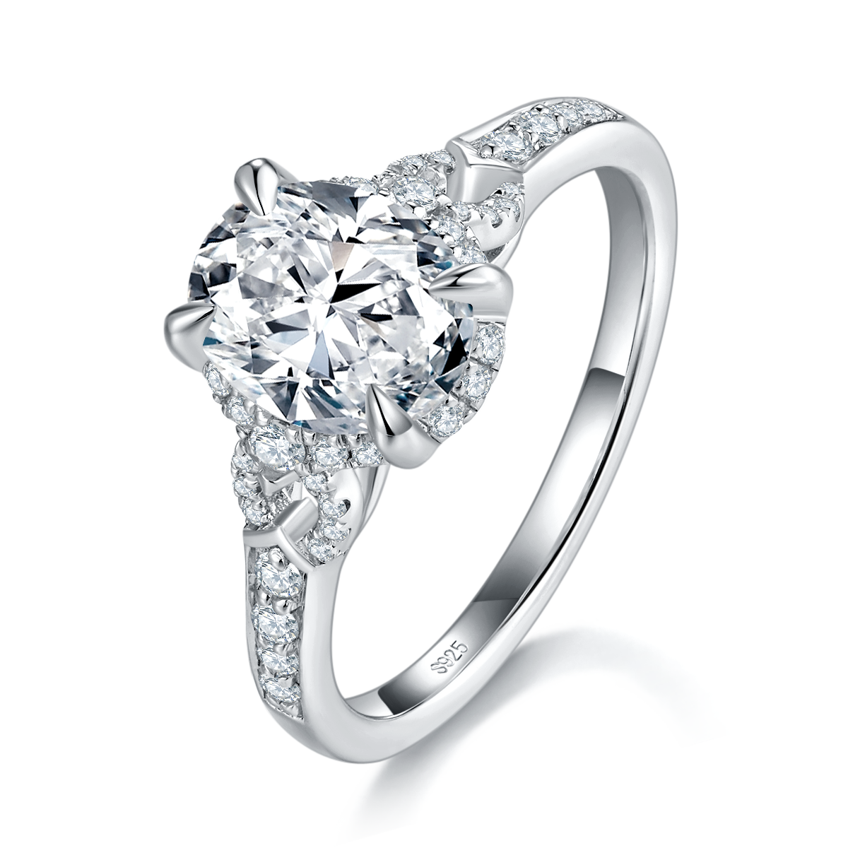 蛋形女戒S925银镀白金定制选款主石莫桑钻2.0ct/副石高碳钻