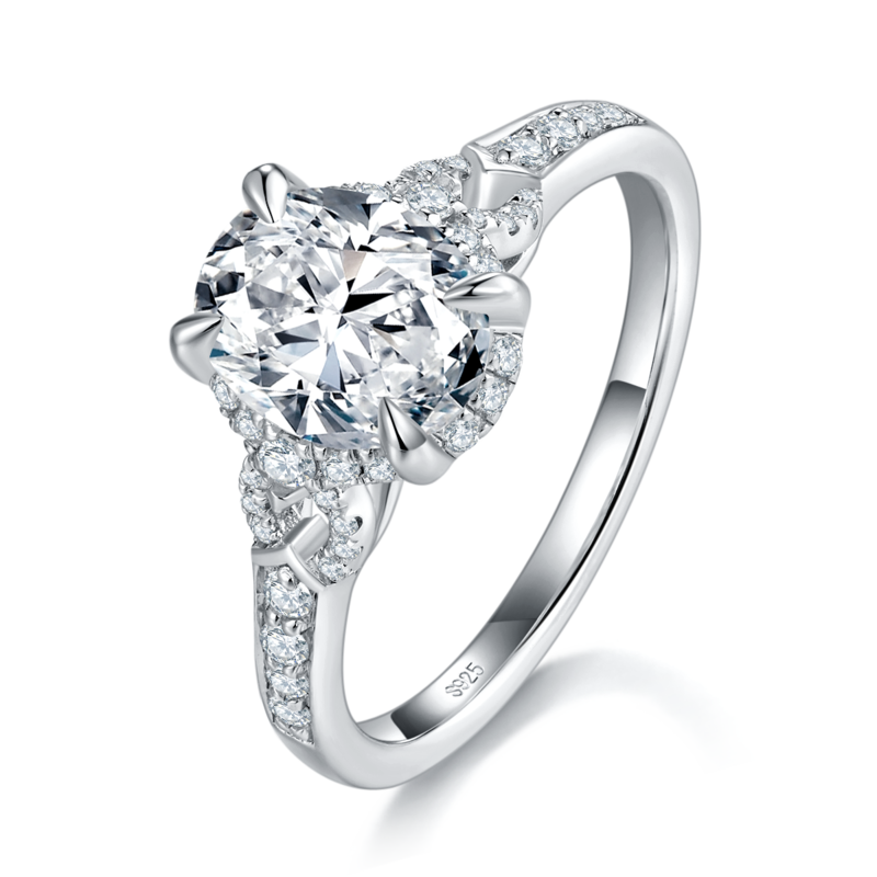 蛋形女戒S925银镀白金定制选款主石莫桑钻2.0ct/副石高碳钻