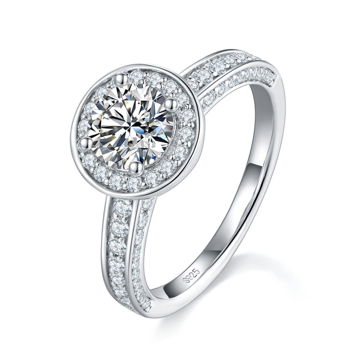 轻奢圆包女戒S925银镀白金定制选款主石莫桑钻1.0ct/副石高碳钻