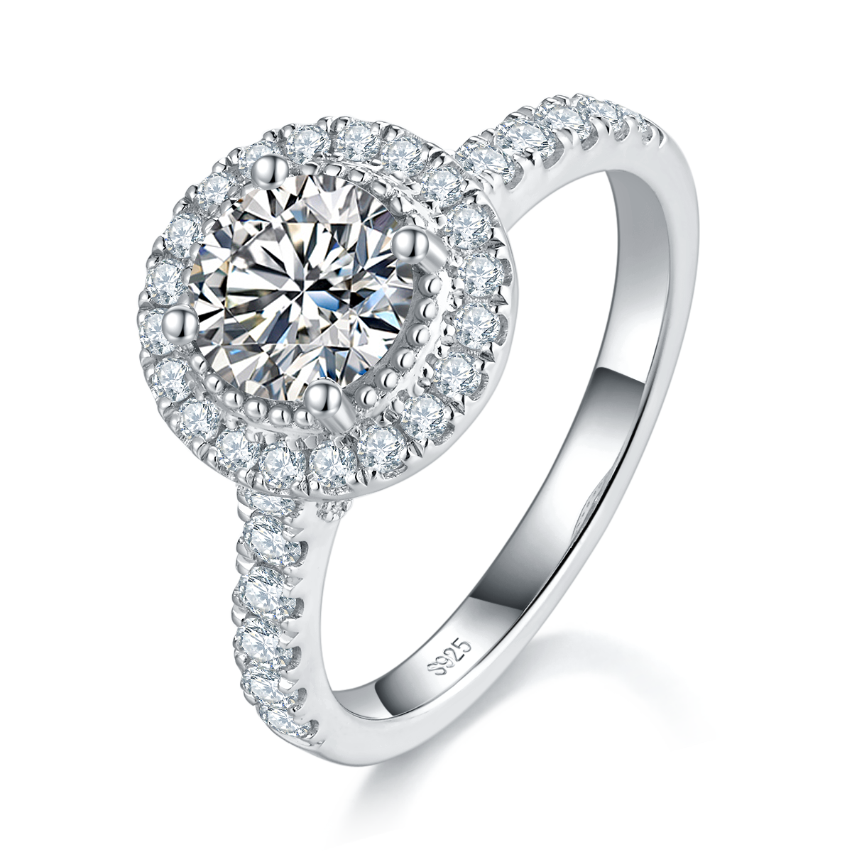 轻奢圆包女戒S925银镀白金定制选款主石莫桑钻1.0ct/副石高碳钻