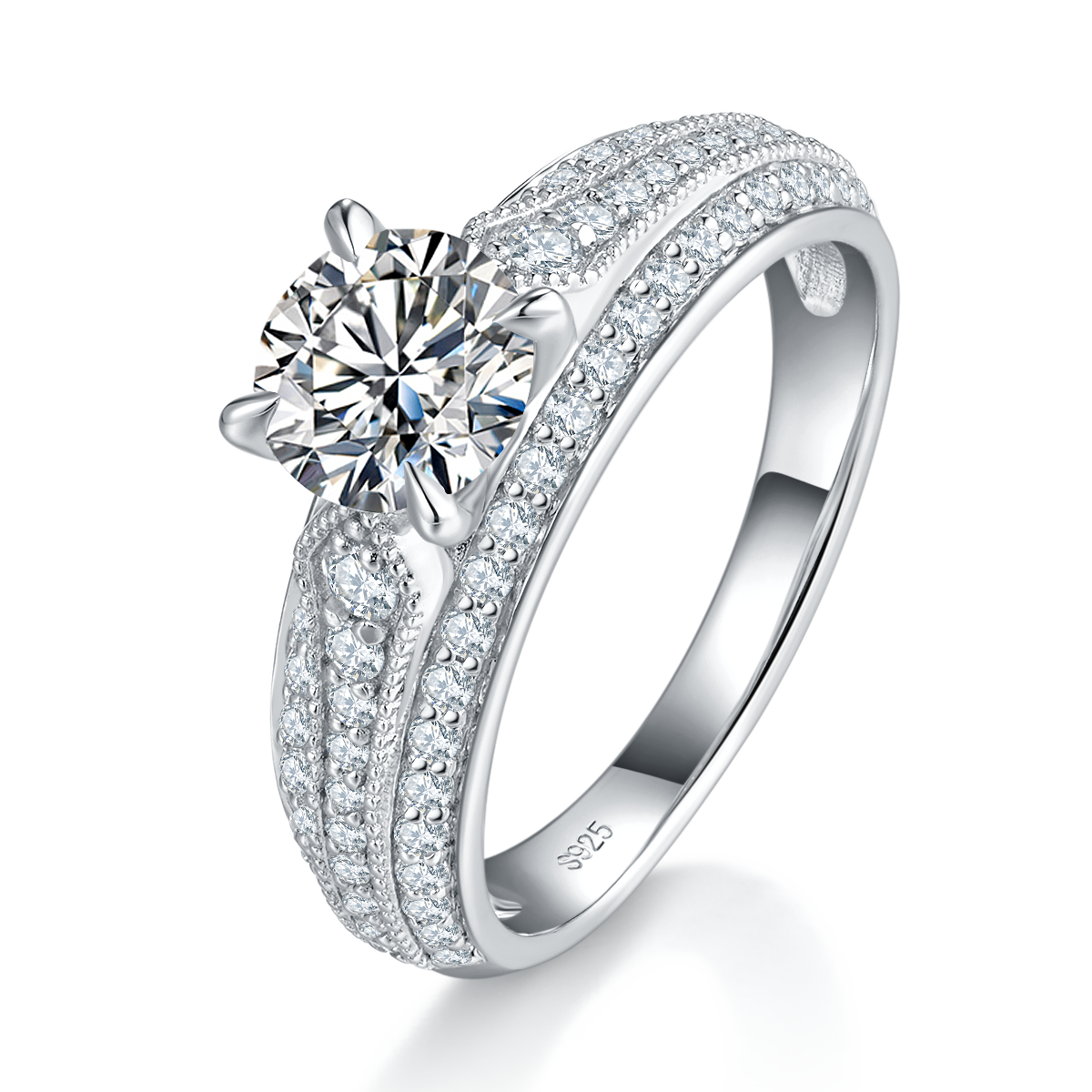 轻奢满钻女戒S925银镀白金定制选款主石莫桑钻1.0ct/副石高碳钻