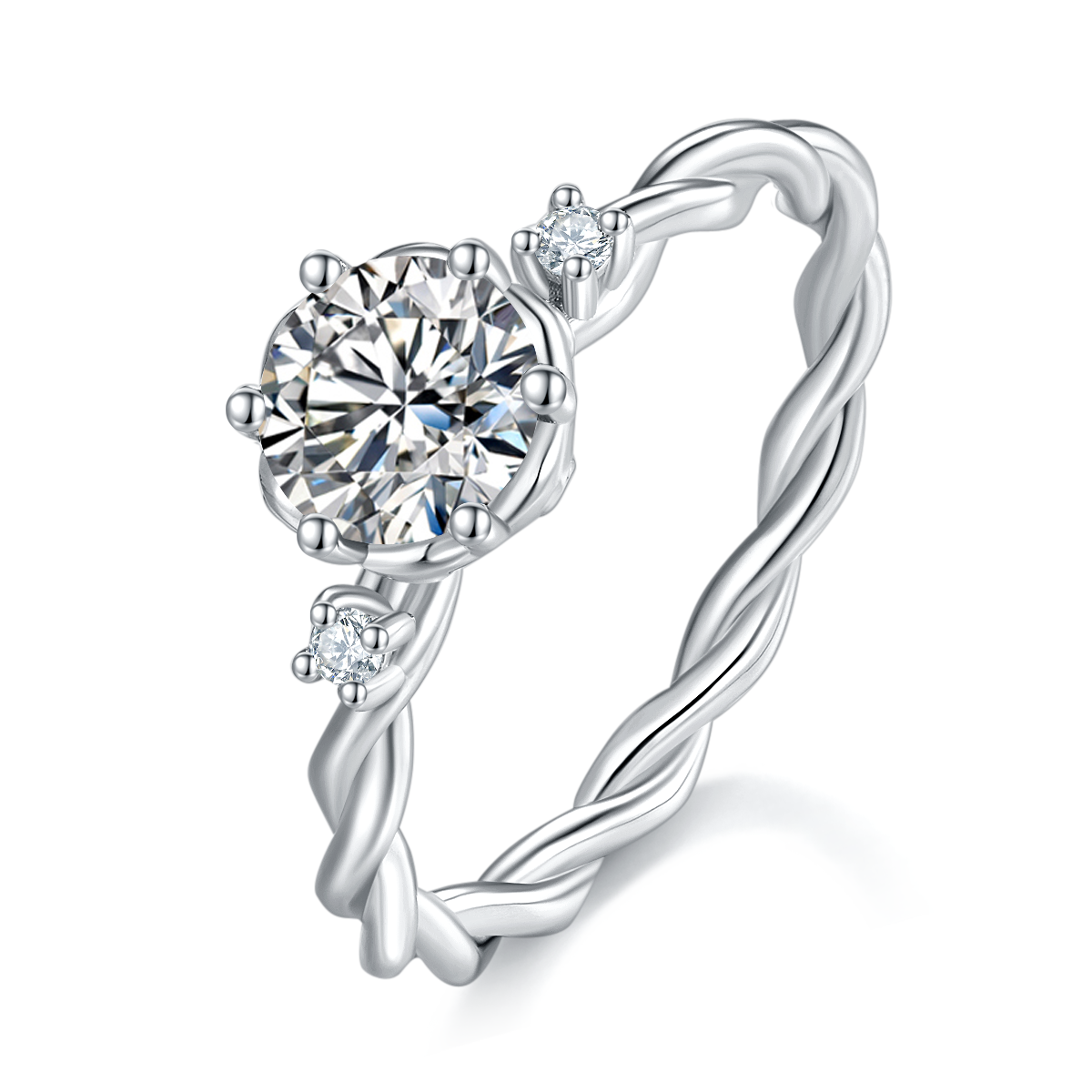 满圈扭臂六爪女戒S925银镀白金定制选款主石莫桑钻1.0ct/副石高碳钻