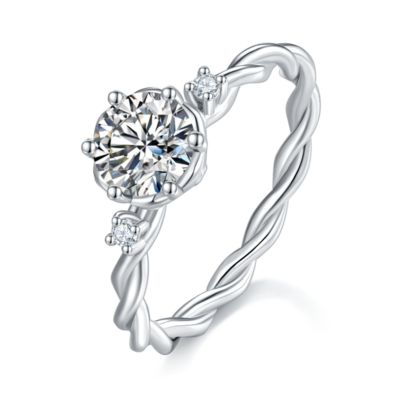 满圈扭臂六爪Women's RingS925银镀白金定制选款主石Moissanite1.0ct/副石高碳钻