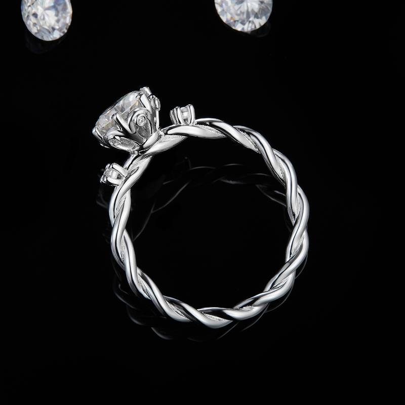 满圈扭臂六爪Women's RingS925银镀白金定制选款主石Moissanite1.0ct/副石高碳钻