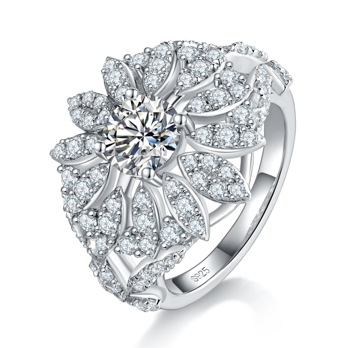 轻奢满钻四爪圆钻S925银镀白金定制选款主石莫桑钻1.0ct/副石高碳钻