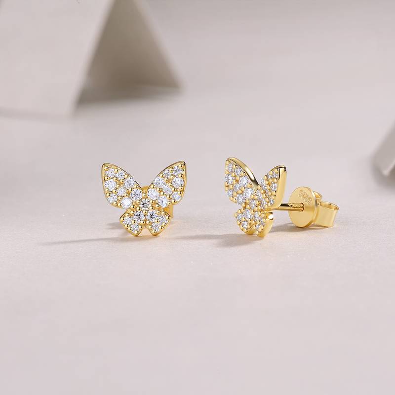 E15287款S925银镀18K黄金Moissanite蝴蝶Stud Earring0.52