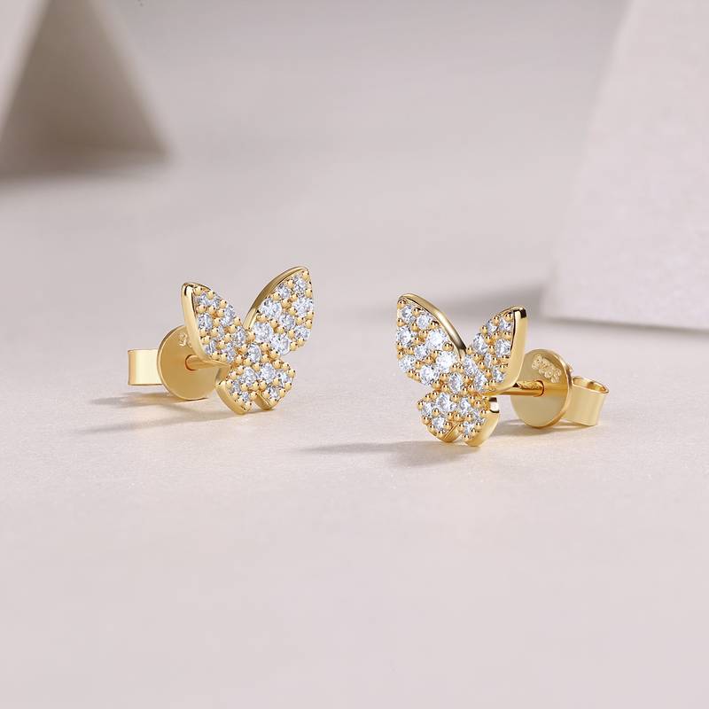 E15287款S925银镀18K黄金Moissanite蝴蝶Stud Earring0.52