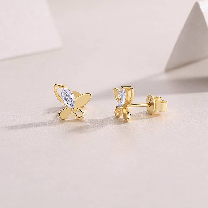 E15247款S925银镀18K黄金蝴蝶Stud Earring马眼形Moissanite0.6ct