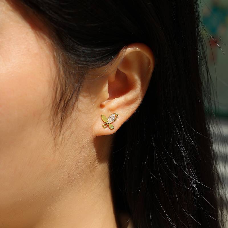 E15247款S925银镀18K黄金蝴蝶Stud Earring马眼形Moissanite0.6ct